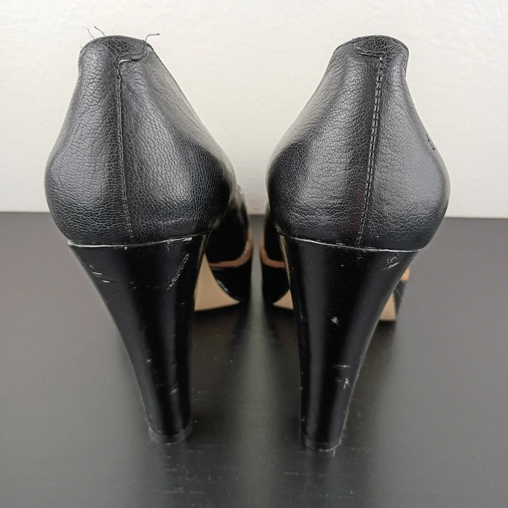 Nine West Womens Black Leather Platform Pumps Round Toe Block Heel Size 7.5M